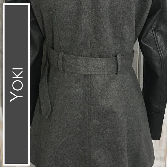 Yoki Mid-Length Coat Charcoal Body & Belt, Black Leather Sleeves Size XL NWT - Picture 4 of 7